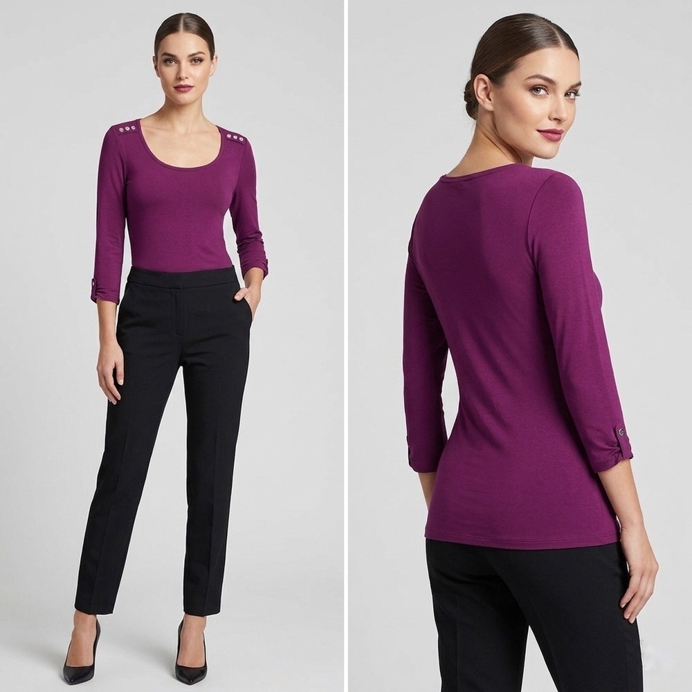 White House‎ Black Market Purple Scoop Neck 3/4 Sleeve Button Detail Top Size XS